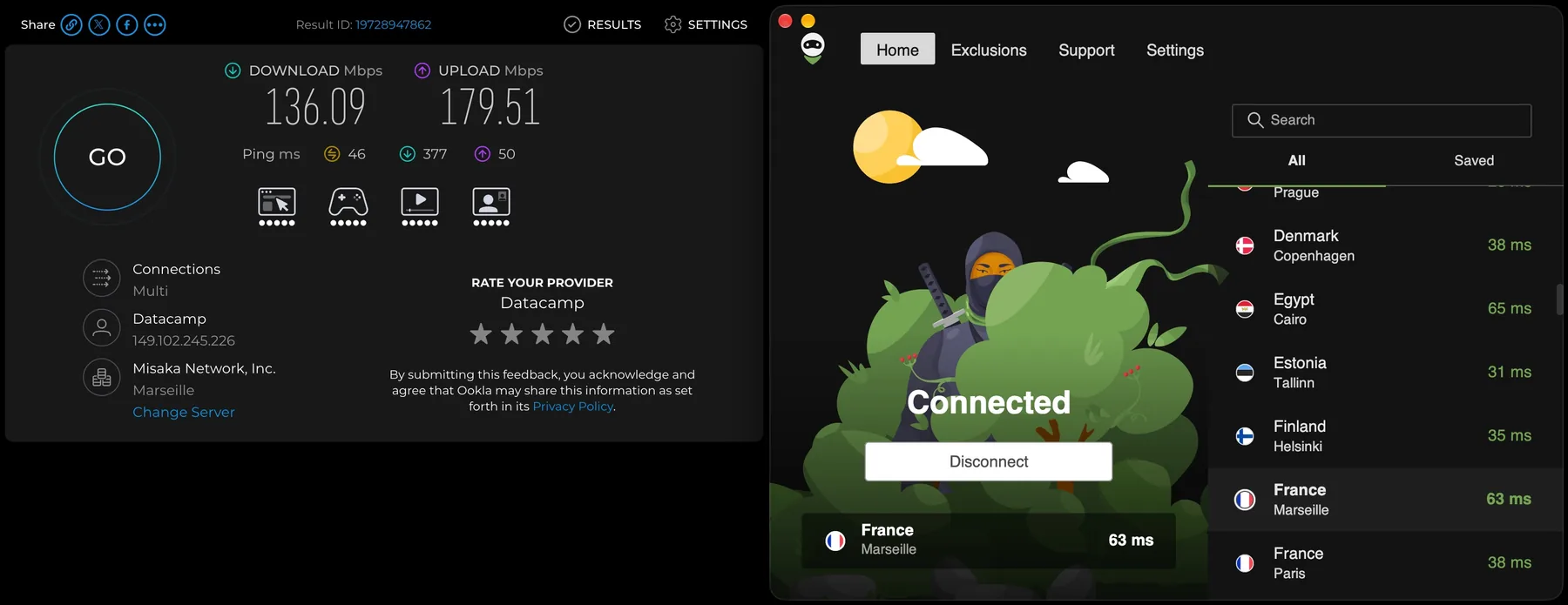 Speedtest, подключение к Марсель: 136,09 Мбит/с загрузка, 179,51 отдача, пинг 46 мс.