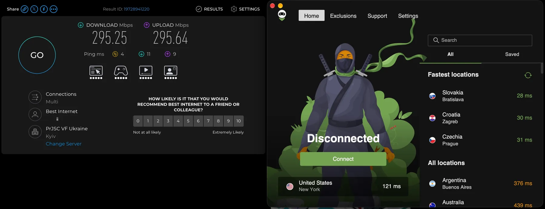 Speedtest при отключённом AdGuard VPN: 295,25 Мбит/с загрузка, 295,64 отдача, пинг 4 мс.