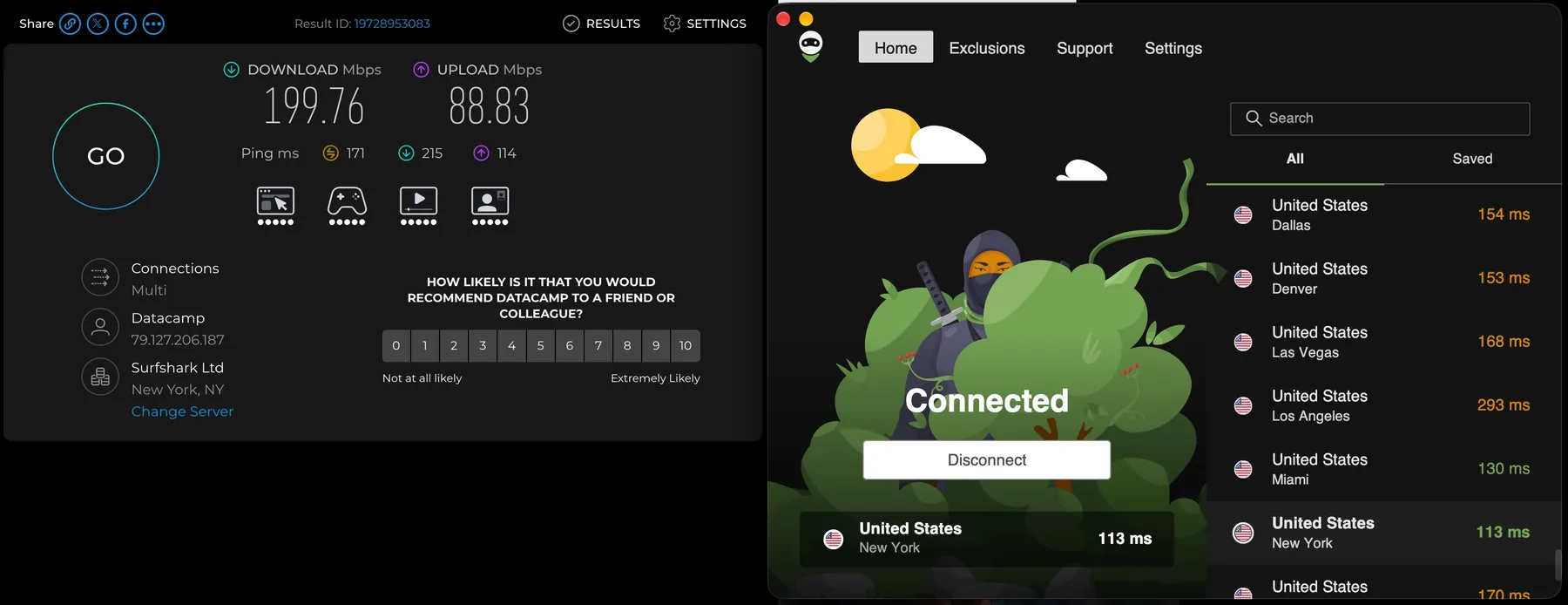 Speedtest, подключение к Нью-Йорк: 199,76 Мбит/с загрузка, 88,83 отдача, пинг 171 мс.