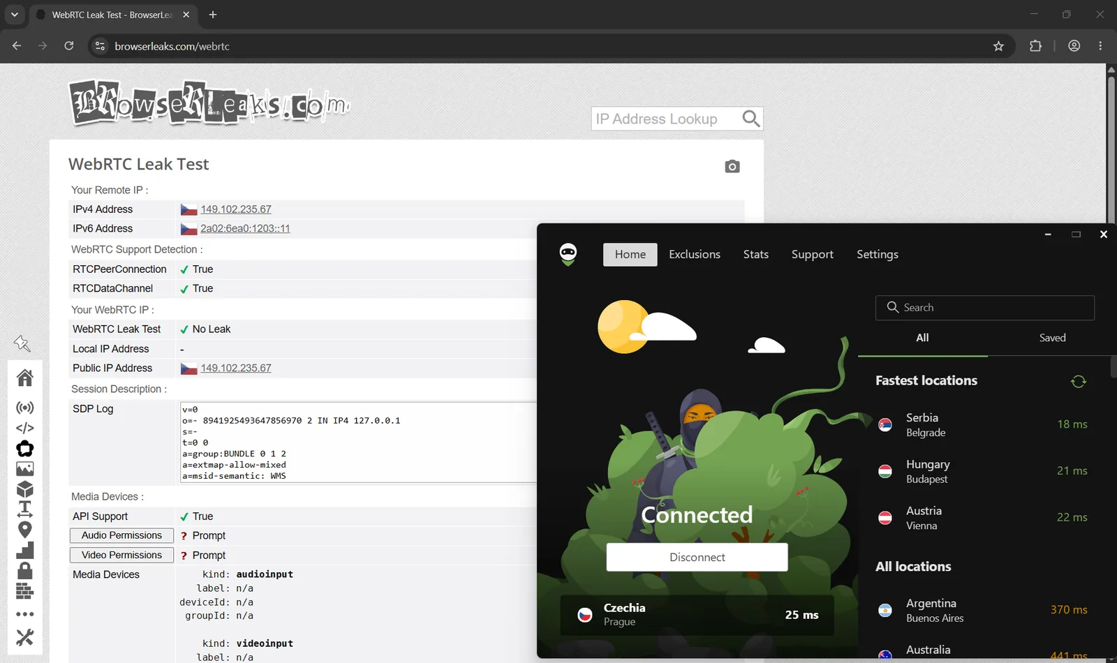 Тест WebRTC на BrowserLeaks сообщает «No Leak» при подключённом AdGuard VPN; виден только адрес со стороны VPN.